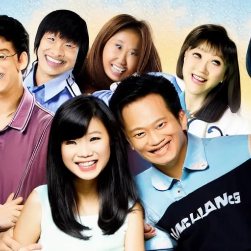 Prompt: promotional art for a 2 0 0 0 s singaporean sitcom about a school