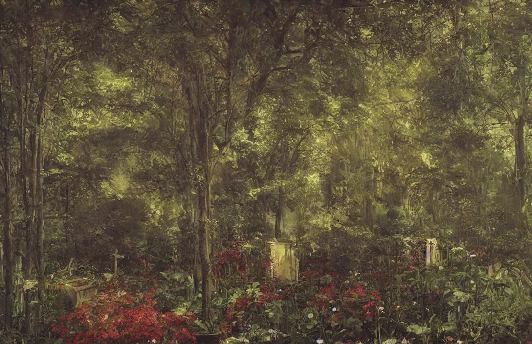 Prompt: garden idyll intact flawless ambrotype from 4 k criterion collection remastered cinematography gory horror film, ominous lighting, evil theme wow photo realistic postprocessing art by tim blandin painting by claude gellee gouache pieter s aenredam