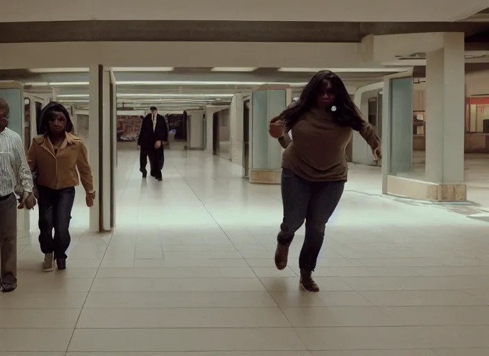 Image similar to cinematic shot of octavia spencer being chased down an escalator by walter white in a strange defunct abandoned mall, iconic scene from the paranoid thriller sci fi film directed by stanley kubrick, 2 4 mm anamorphic lens, backlit, moody strange cinematography, beautiful composition, color theory, leading lines, photorealistic, highly detailed scene moody lighting