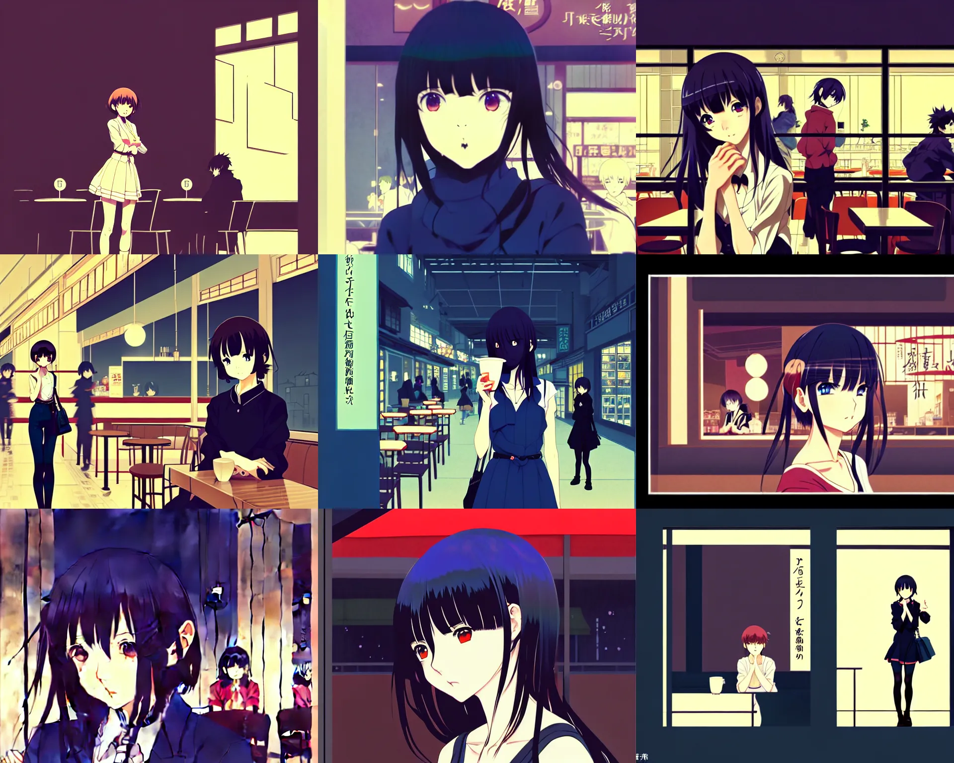 Prompt: anime frames, anime visual, portrait of a portrait of a young woman visiting a busy cafe interior at night shopping, very low light cute face by ilya kuvshinov and yoh yoshinari, katsura masakazu, mucha, dynamic pose, dynamic perspective, strong silhouette, anime cels, rounded eyes, dark blue tint, contrasting shadows