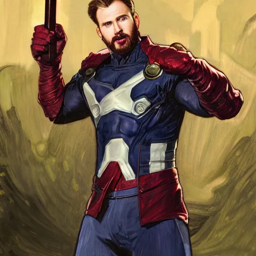 Image similar to Chris Evans wielding mjolnir, highly detailed, digital painting, artstation, concept art, smooth, sharp focus, illustration, ArtStation, art by artgerm and greg rutkowski and alphonse mucha and J. C. Leyendecker and Edmund Blair Leighton and Katsuhiro Otomo and Geof Darrow and Phil hale and Ashley wood and Ilya repin and Charlie Bowater