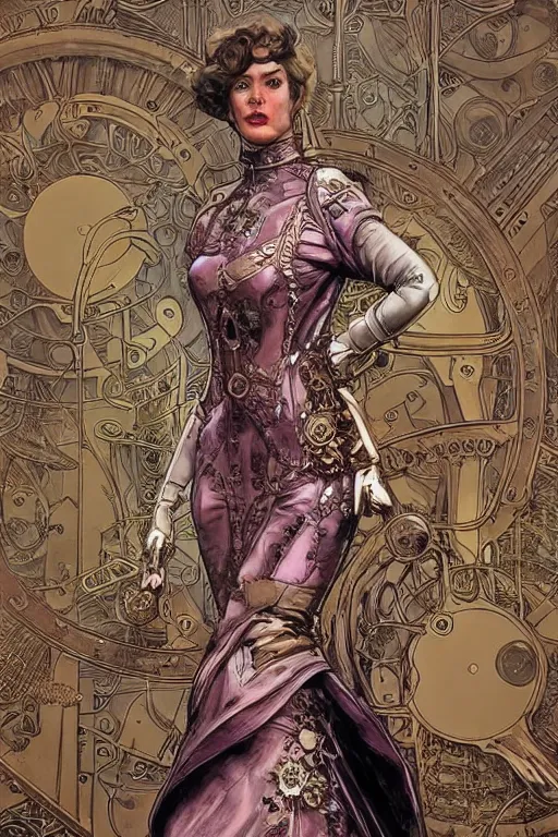 Prompt: brass semi - mechanical woman, portrait, floral art nouveau dress, art by ardian syaf and moebius, craig davidson, in steampunk cityscape