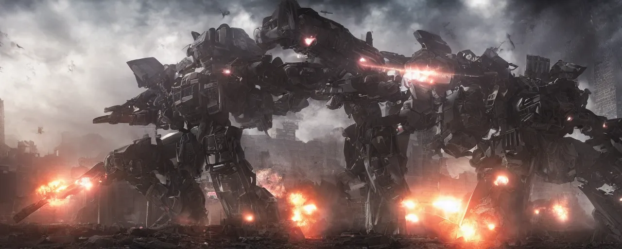 Image similar to armored core mechas battle for the ruins of san francisco, cinematic lighting, wide lens, particles, bokeh, octane render, volumetric light, smoke