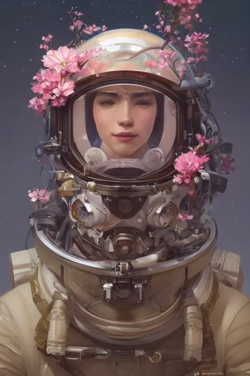 Image similar to ultra realistic illustration, astronaut with flowers blossoming from helmet, elegant, highly detailed, digital painting, concept art, smooth, sharp focus, illustration, art by artgerm and greg rutkowski and alphonse mucha