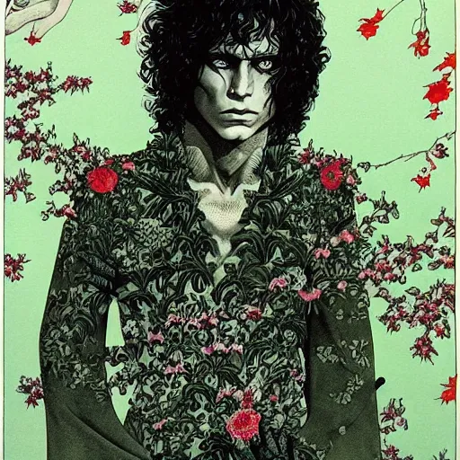 Image similar to symmetrical jim morrison as a vampire lizard king, very detailed style of takato yamamoto lots of flowers