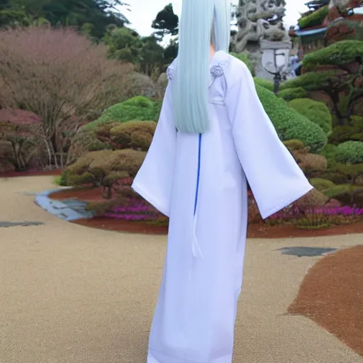 Image similar to full body shot of a japanese princess young lady, beauty, with a long white, white hair, ayaka cosplay