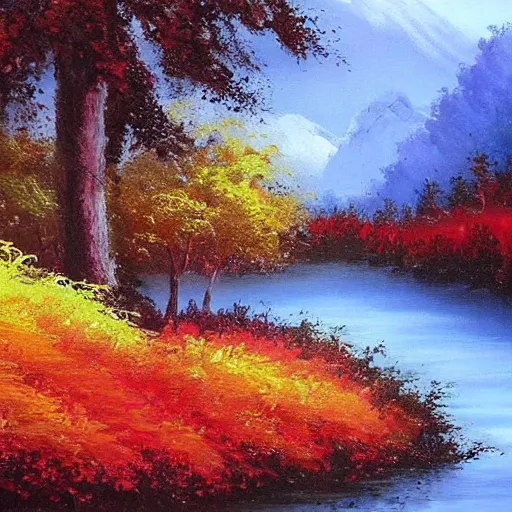 Image similar to a beautiful landscape painting by Bob ross, landscape, breathtaking