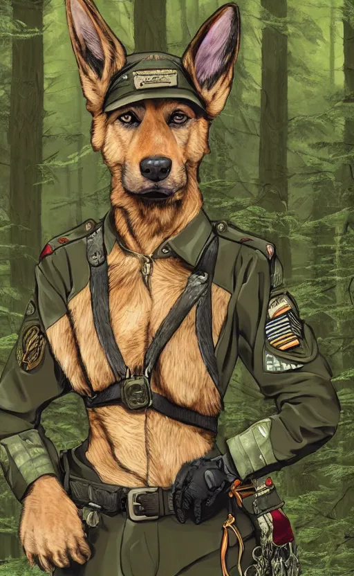 Image similar to close up character portrait icon of the german shepard military uniform head animal person fursona wearing clothes standing in the bright forest, hidari, color page, tankoban, 4 k, tone mapping, akihiko yoshida