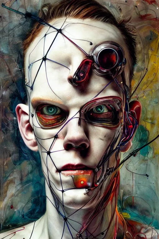 Image similar to cameron monaghan as a cyberpunk hacker, wires cybernetic implants, by esao andrews, jenny saville, james jean, dark art