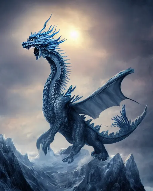 Image similar to giant ice dragon standing on a mountain, highly detailed, 4 k, hdr, award - winning, directed by zack snyder, trending on art station, matte