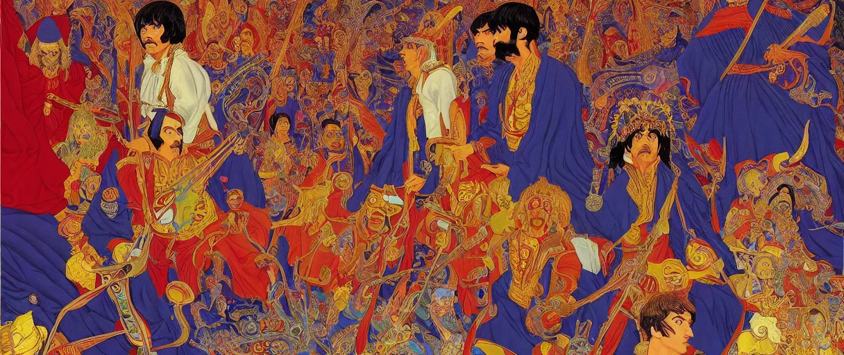 Image similar to a breath - taking jean giraud work of art of the beatles in the style of a renaissance masters portrait, mystical and new age symbolism and tibetan book of the dead imagery, intricately detailed, 4 k