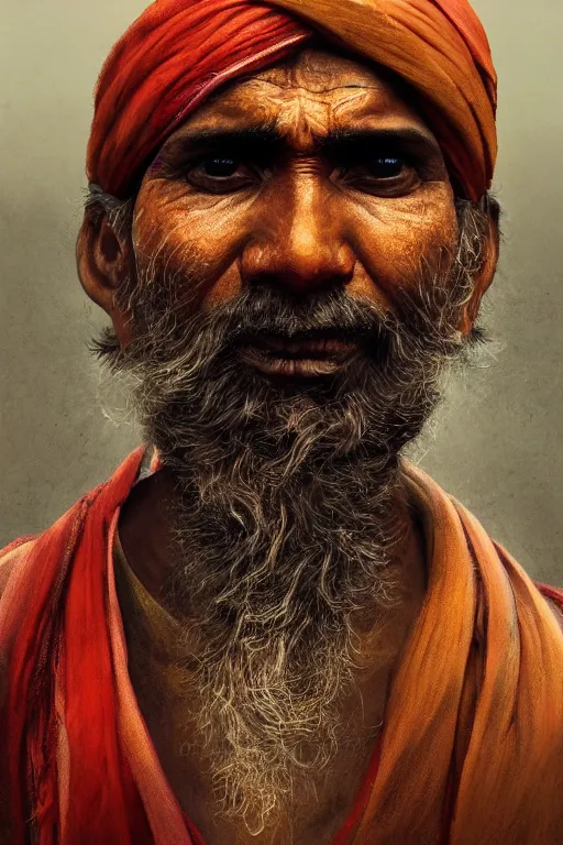 Image similar to hindu citizen, close - up portrait, poor, intricate, elegant, volumetric lighting, scenery, digital painting, highly detailed, artstation, sharp focus, illustration, concept art, ruan jia, steve mccurry