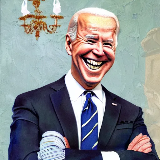 Image similar to a painting of joe biden laugh in tea party with taliban, ultra detailed face, body and gesture, justify content center, hyper realistic content, frontal hyperdetailed realistic content, sharp focus, intricate, dynamic composition, 2 colors, baroque, delete duplicate content