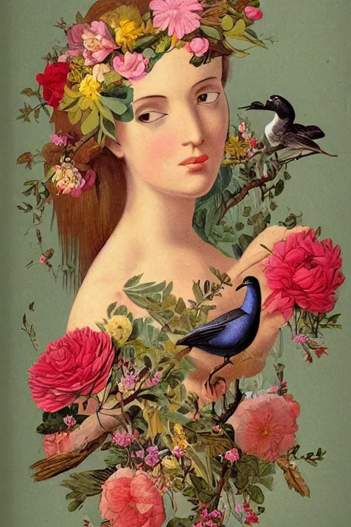 Image similar to beautiful girl Amalgamation with flowers, fruits, birds by Beto Val, John James Audubon, vintage illustration, bizarre compositions, Exquisite detail