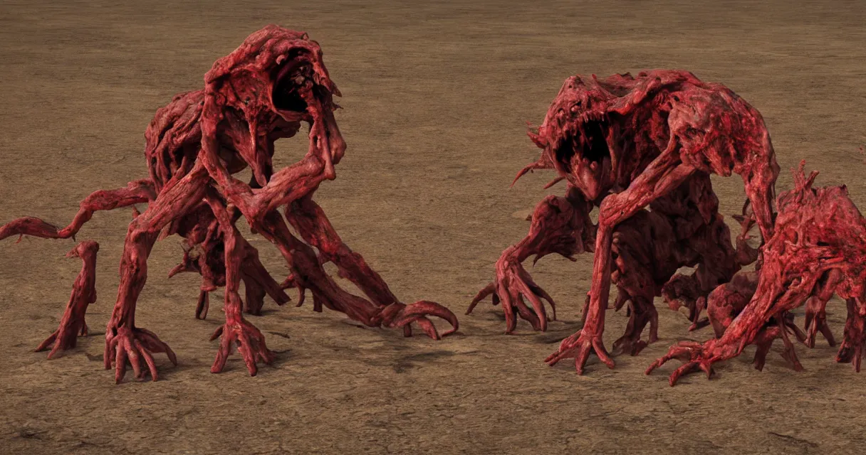 Image similar to in the desert a bloody gross horrifying The Thing creature made of muscle and bone and blood stares at the camera, eating, mid day, 35mm photography, realistic,