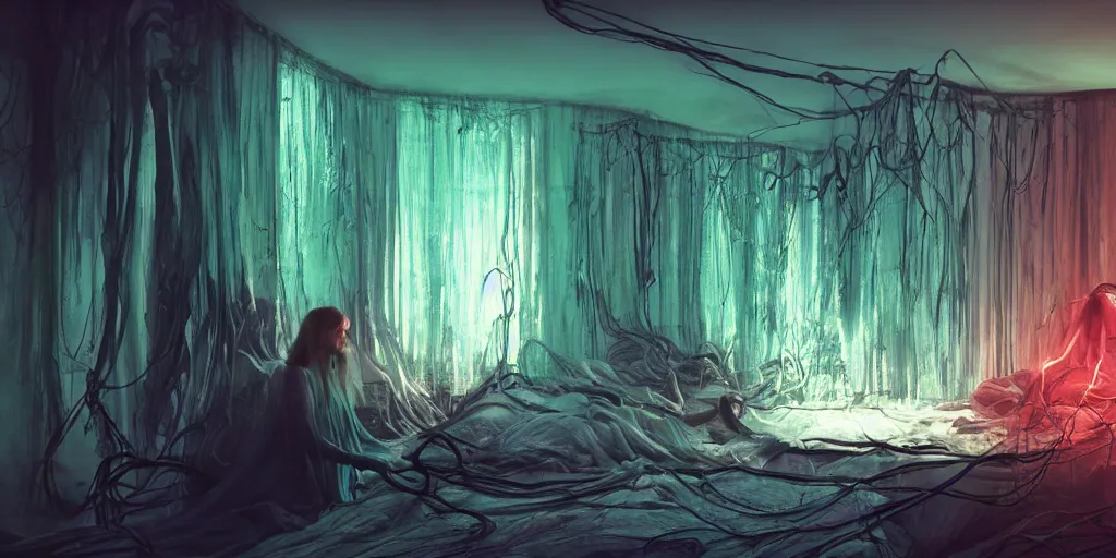 Prompt: rgb, glowing, depression!!!!!, maximalist bedroom, woman, cinematic, movie scene, inspired by zdzislaw beksinski, clothes made out of veins,, cables everywhere, bedroom, ultra realistic, concept art, intricate details, highly detailed, photorealistic, octane render, 8 k
