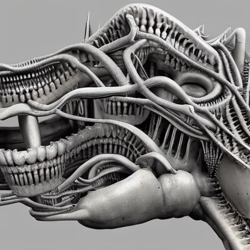 Prompt: highly detailed anatomical biomechanical industrial factory made to chew objects, biomechanical machine made of teeth gums sinew muscle, disturbing biohorror saliva and ooze 3 d render unreal engine, by hr giger!!!