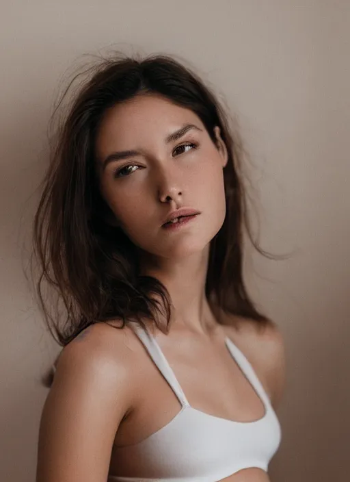 Prompt: a woman posing, beautiful face, serious expression, brown hair, indoors, wearing a white bikini, backlit, photo by Marat Safin, Canon EOS R3, f/1.4, ISO 200, 1/160s, 8K, RAW, unedited, symmetrical balance, in-frame