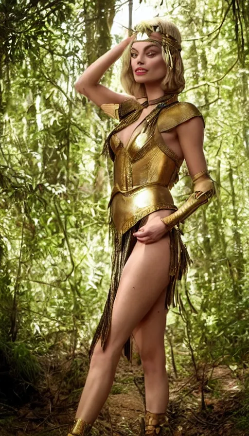 Image similar to beautiful margot robbie cosplaying as cleopatra, photo in a forest, barefoot