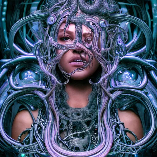 Image similar to Cyberpunk medusa, dark atmosphere, cinematic shot, intricate, ornate, photorealistic, ultra detailed, realistic, 35mm, photography, neon, octane, high definition, depth of field, bokeh, 8k, artstation, ((alphonse mucha)), (hr giger)