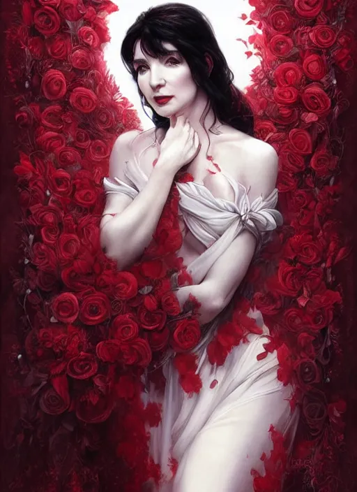 Image similar to portrait of kate bush against a red velvet background, lush black hair, pale skin, white roses, flowing material, intricate, beautiful cinematic lighting, stunning painting by artgerm, caravaggio, android jones, wadim kashin