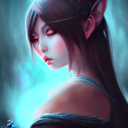 Prompt: Portrait of evil nekomimi girl, beautiful face, dark fantasy, intricate, elegant, highly detailed, digital painting, artstation, concept art, smooth, sharp focus, illustration, art by tran ross