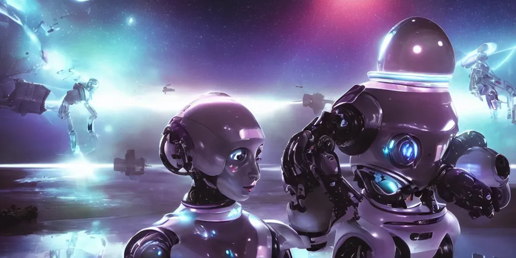 Image similar to futuristic robot babies with rgb ambient lighting eye implants. the robots wears spacesuits, and explores the cosmos on rocket space jet skis. science fiction blockbuster movie teen nebulous or my robot ate my homework, dramatic lighting, interstellar film ( 2 0 1 4 )