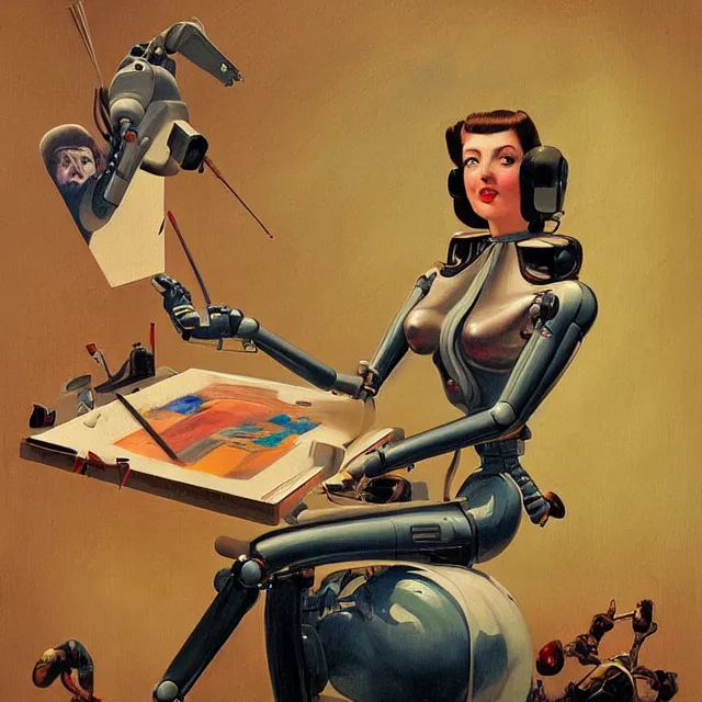 Image similar to robot artist painting a self - portrait on a canvas. intricate, highly detailed, digital matte painting in the style of gil elvgren and in the style of wayne barlowe. irony, recursion, inspiration.