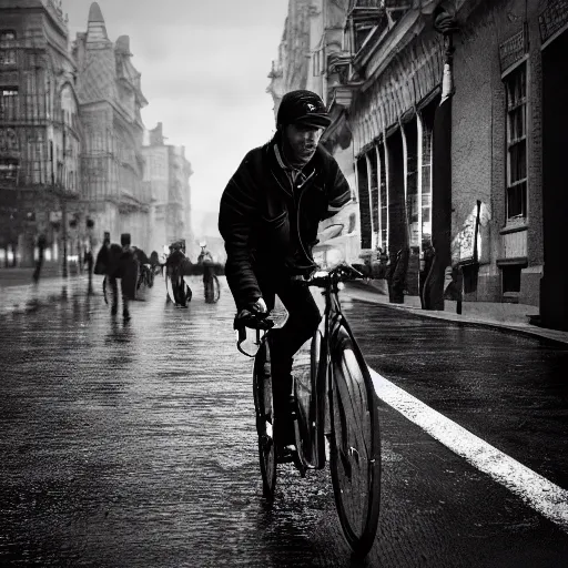 Prompt: a delivery guy wearing red jacket cycling in black and white street, rainy weather, 4 k, realistic, trending on artstation