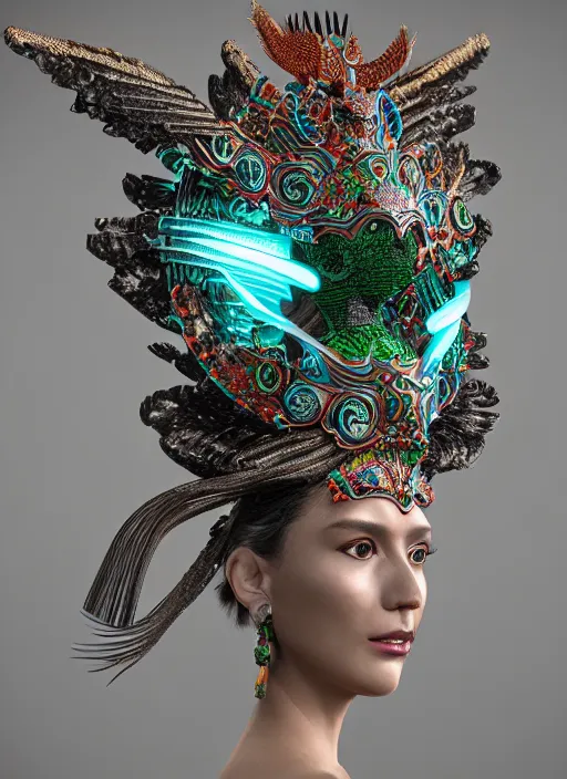 Image similar to 3 d goddess close - up profile portrait. beautiful intricate highly detailed mexican magpie helm and traditional mexican huipil! quetzalcoatl, stingray, bio luminescent, plasma, lava, ice, water, wind, stormy, creature, artwork by tooth wu and wlop and annie leibovitz, octane 3 d render