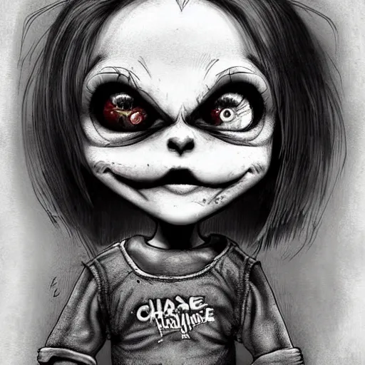 Image similar to grunge cartoon drawing of a cute chucky by - michael karcz , in the style of corpse bride, loony toons style, horror themed, detailed, elegant, intricate