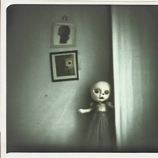 Image similar to aged polaroid photo of a scary doll in empty room, gloomy, grainy