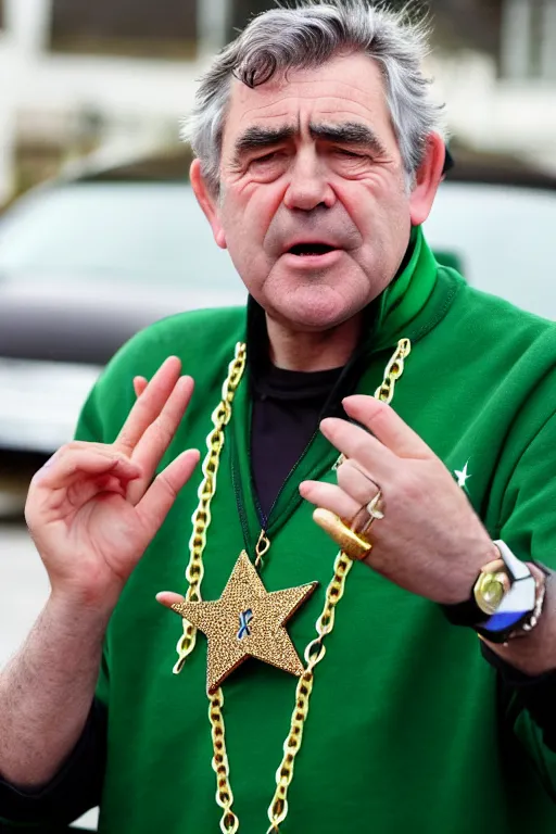 Image similar to gordon brown, dark black hair, wearing a green umbro tracksuit and gold necklace star shaped medallion, hands raised in the air,