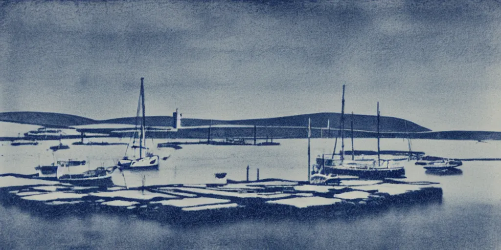 Prompt: a cyanotype of the harbour at Stromness orkney