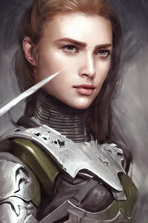 Image similar to a professionally painted portrait of an attractive young woman, clothed in military armor, olive skin, long dark hair, beautiful bone structure, symmetrical facial features, intricate, elegant, digital painting, trending on Artstation, concept art, smooth, sharp focus, illustration, from Metal Gear by Ruan Jia and Mandy Jurgens and Artgerm and William-Adolphe Bouguerea, award winning