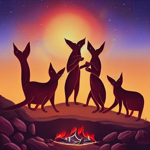 Image similar to group of cute caracals wearing red ties near campfire, one caracal playing a guitar, night, atmospheric lighting, painted, intricate, volumetric lighting, beautiful, rich deep colours masterpiece, golden hour, digital art