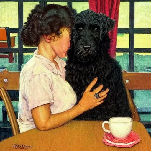 Image similar to Black Goldendoodle with a bright face and a puppy sitting at a diner drinking a cup of coffee, looking melancholy, Norman Rockwell style