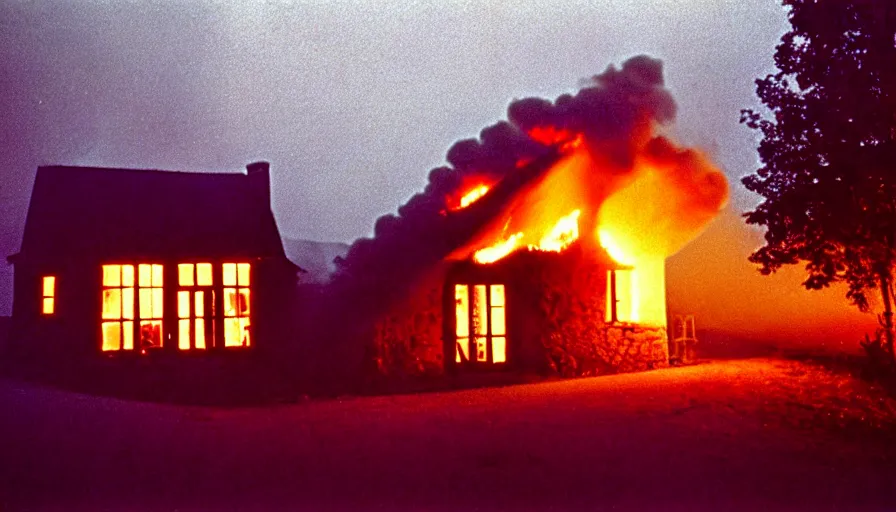 Image similar to 1 9 7 0 s movie still of a heavy burning french style little house in a small northern french village by night in autumn, cinestill 8 0 0 t 3 5 mm, heavy grain, high quality, high detail, dramatic light, anamorphic, flares