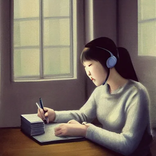 Image similar to A relaxed expressive painting of a Korean girl sat writing in a journal while wearing headphones illuminated by a desk lamp, in the background is a window overlooking a rainy city, with a cat resting on the window cill, a relaxed and dreamy atmosphere, highly detailed, 8K