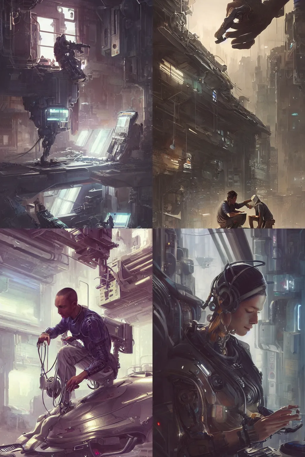 Prompt: realistic illustration, android being repaired in repairworkshop, cyberpunk,sci-fi, fantasy, intricate, grunge, highly detailed, digital painting, artstation, concept art, smooth, sharp focus, illustration, art by artgerm and greg rutkowski