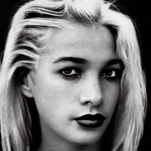 Prompt: black and white vogue closeup portrait by herb ritts of a beautiful female model, communist, high contrast