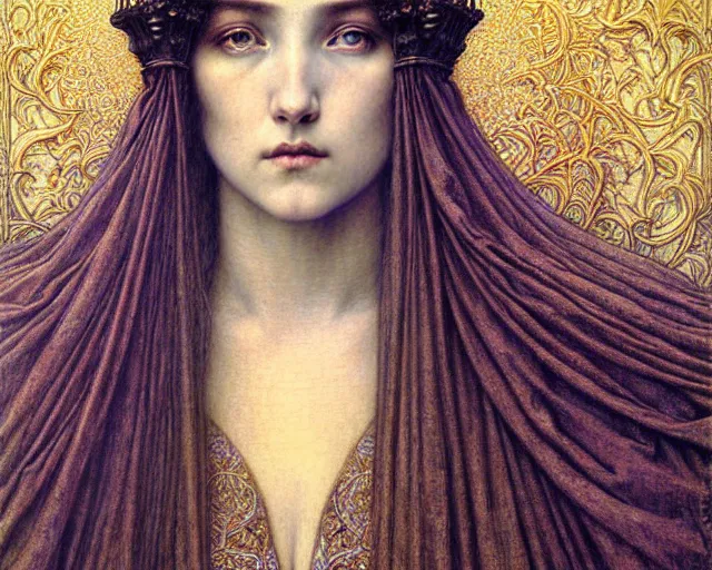 Image similar to detailed realistic beautiful young medieval queen face portrait by jean delville, gustave dore and marco mazzoni, art nouveau, symbolist, visionary, gothic, pre - raphaelite. horizontal symmetry