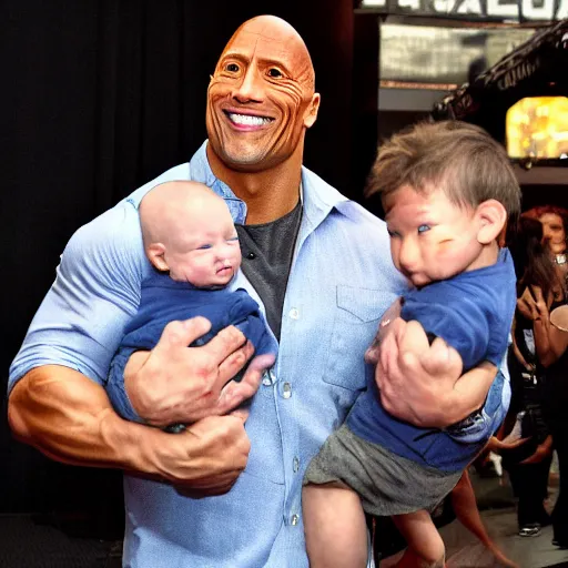 Prompt: Dwayne Johnson carries baby Yoda in his hands