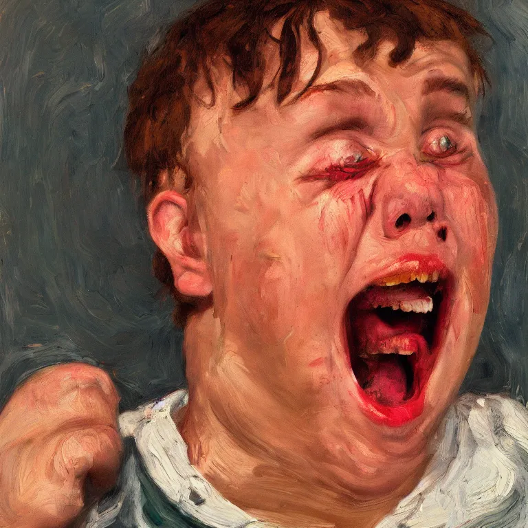 Image similar to warmly lit close up studio portrait of young angry!! screaming! teenage George Costanza furious!, impasto oil painting thick brushstrokes by Lucian Freud and Cy Twombly and Tim Hawkinson , trending on artstation dramatic lighting Expressionism