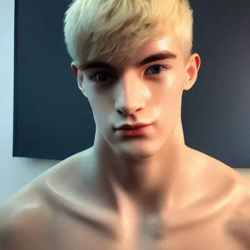 Image similar to “a realistic detailed photo of a guy who is an attractive humanoid who is half robot and half humanoid, who is a male android, twitch streamer Ninja Tyler Blevins, shiny skin, posing like a statue, blank stare, gaming room”