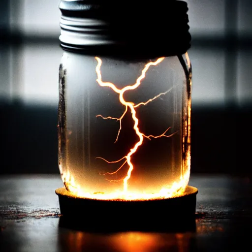 Image similar to lightning captured in a mason jar, scifi, ultra realistic, highly detailed, bright, cinematic