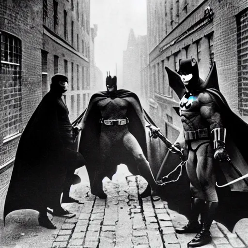 Image similar to old black and white photo, 1 9 1 3, depicting batman fighting bad guys in an ally of new york city, rule of thirds, historical record