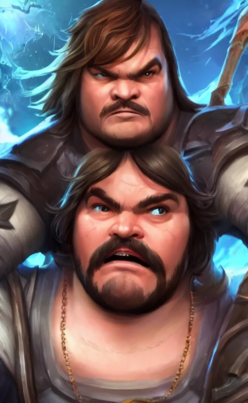 Image similar to Jack Black as a character in the game League of Legends, with a background based on the game League of Legends, detailed face, old 3d graphics