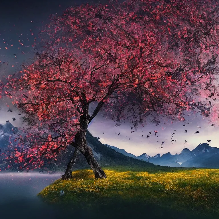 Image similar to a beautiful awesome artistic tree with falling flowers like leaves and many birds, all in the amazing outdoors view, mountain in the background, lake, long exposure, 8 k resolution, trending on artstation