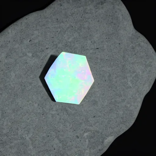 Prompt: An opal gem shaped like a hexagon on a rock in a cave, studio lighting, dramatic photo, artificial fog